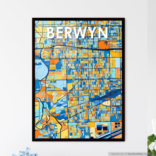 BERWYN ILLINOIS Vibrant Colorful Art Map Poster Blue Orange