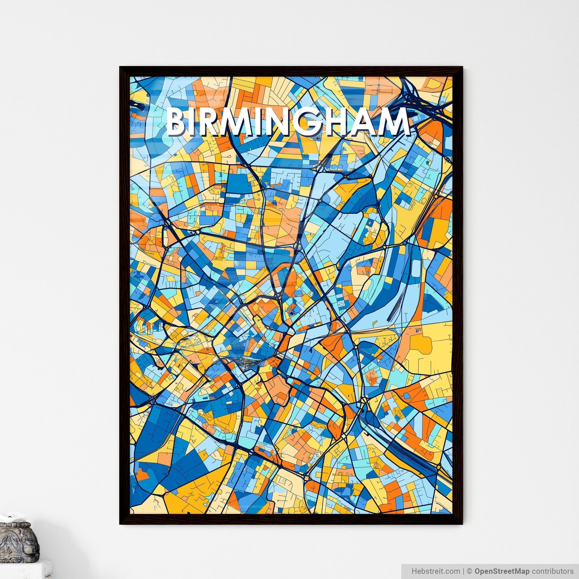 BIRMINGHAM ENGLAND Vibrant Colorful Art Map Poster Blue Orange