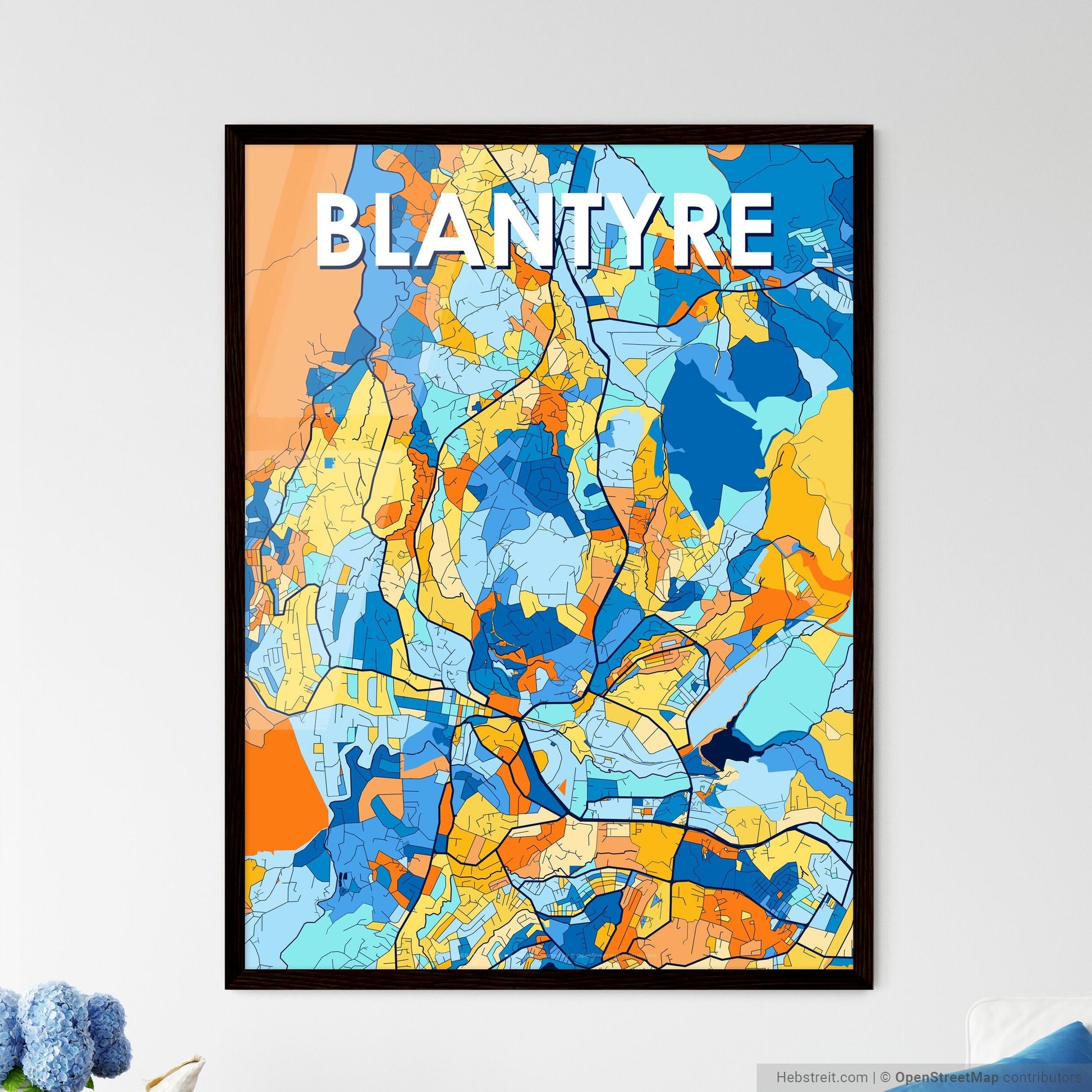 BLANTYRE MALAWI Vibrant Colorful Art Map Poster Blue Orange