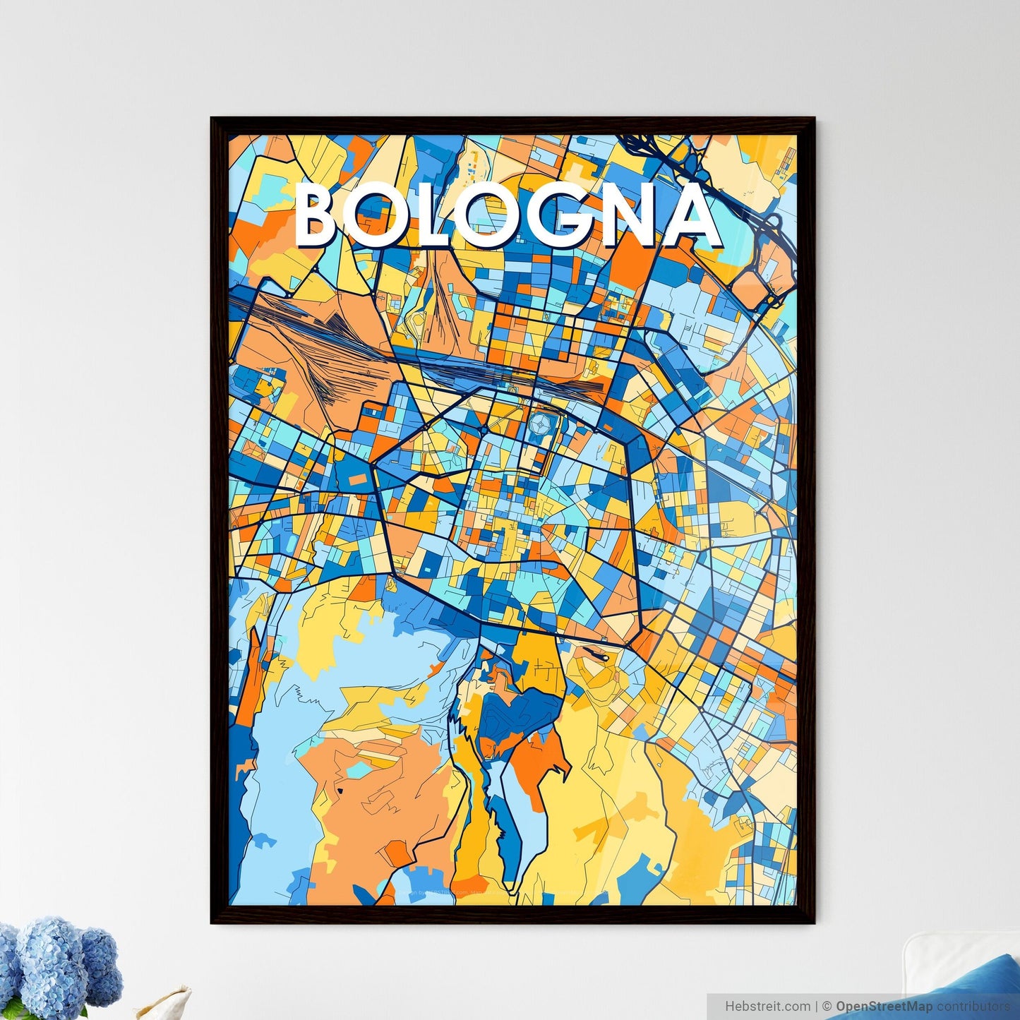 BOLOGNA ITALY Vibrant Colorful Art Map Poster Blue Orange
