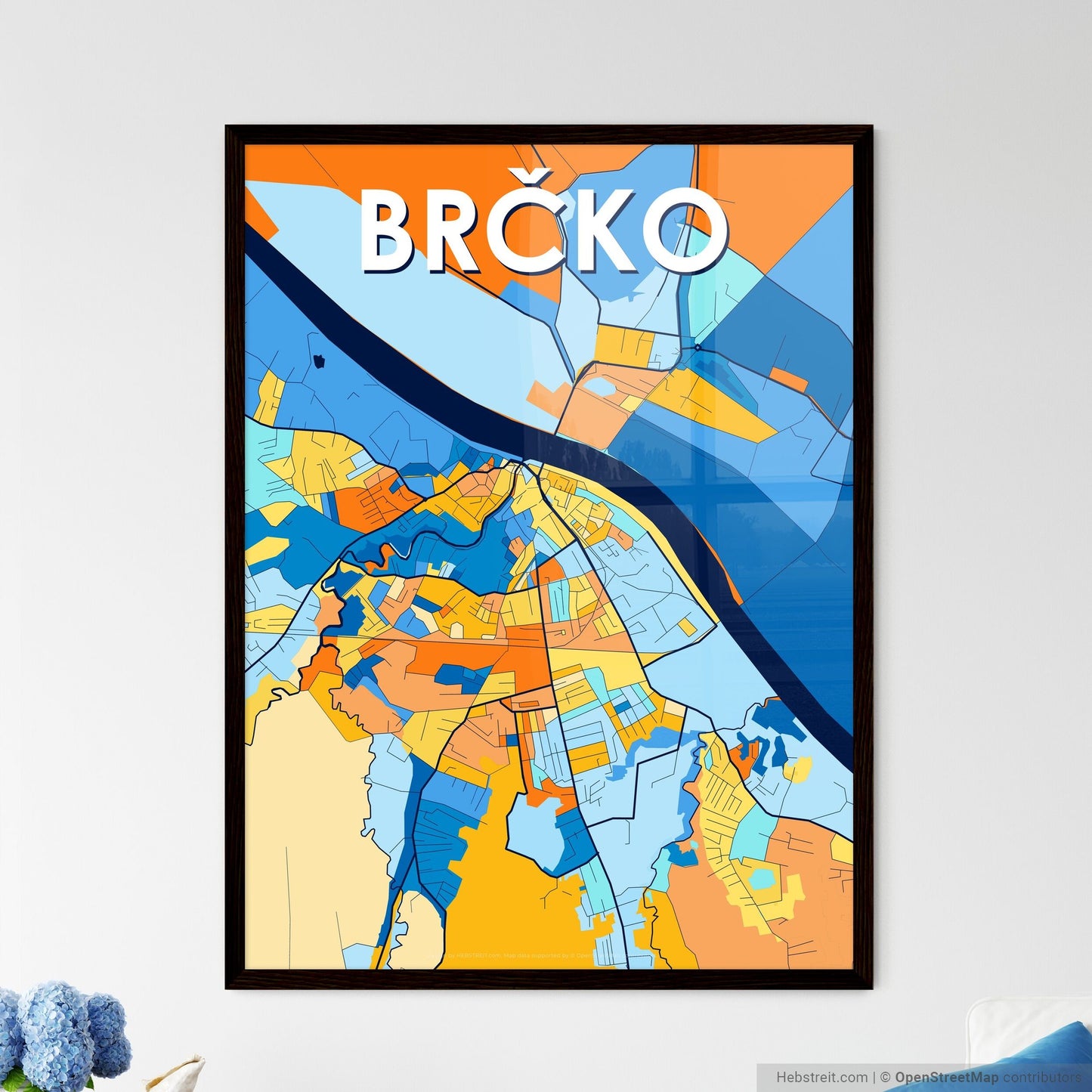 BRČKO BOSNIA AND HERZEGOVINA Vibrant Colorful Art Map Poster Blue Orange