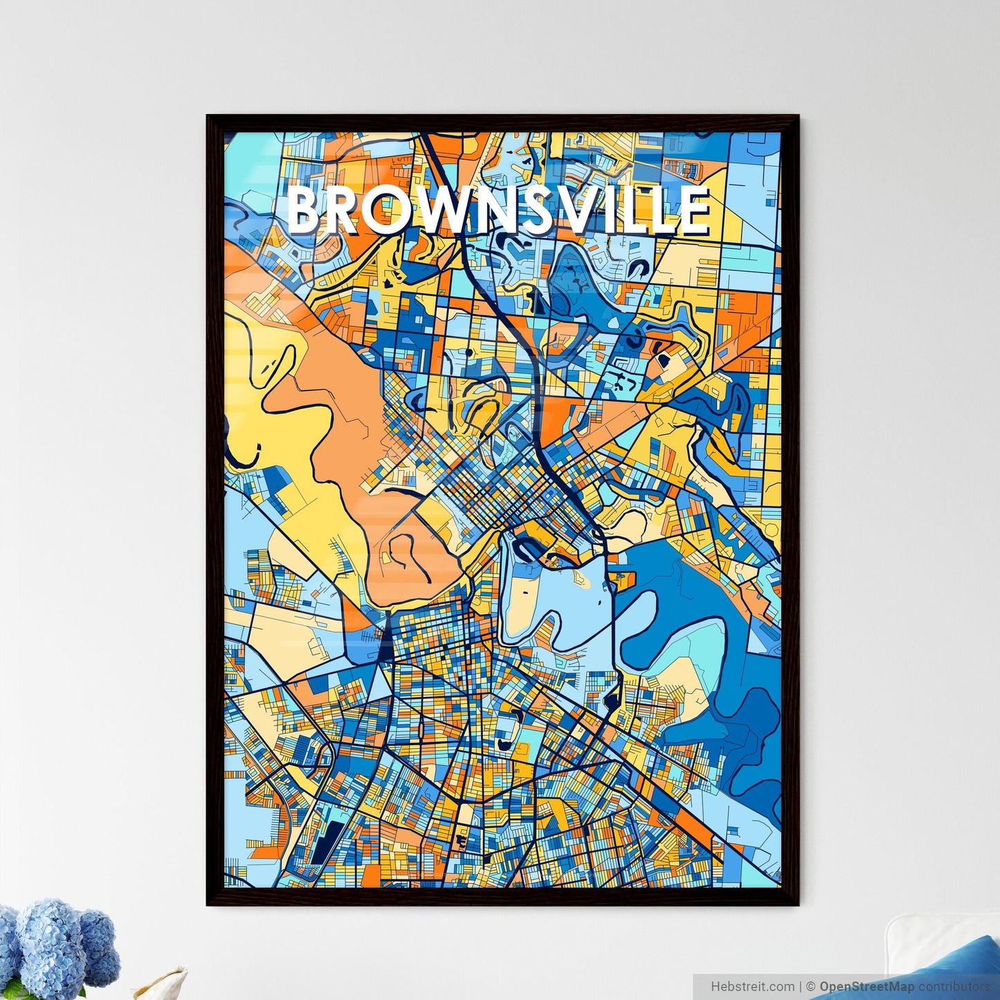 BROWNSVILLE TEXAS Vibrant Colorful Art Map Poster Blue Orange