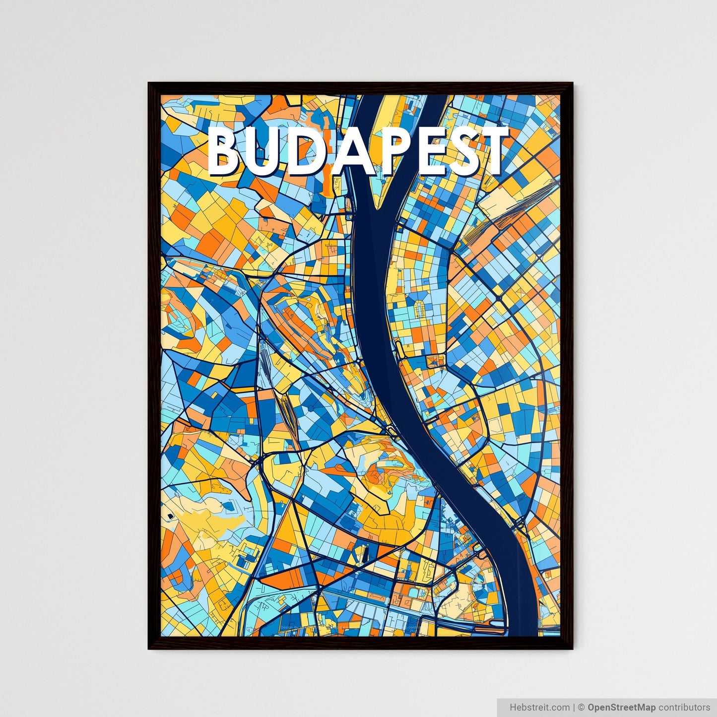 BUDAPEST HUNGARY Vibrant Colorful Art Map Poster Blue Orange