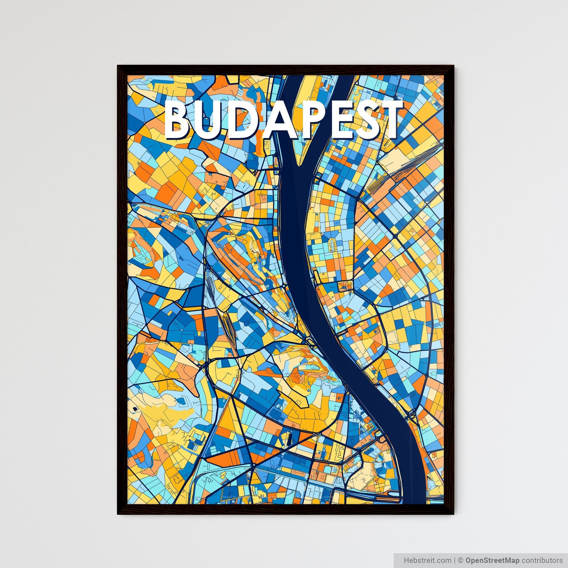 BUDAPEST HUNGARY Vibrant Colorful Art Map Poster Blue Orange
