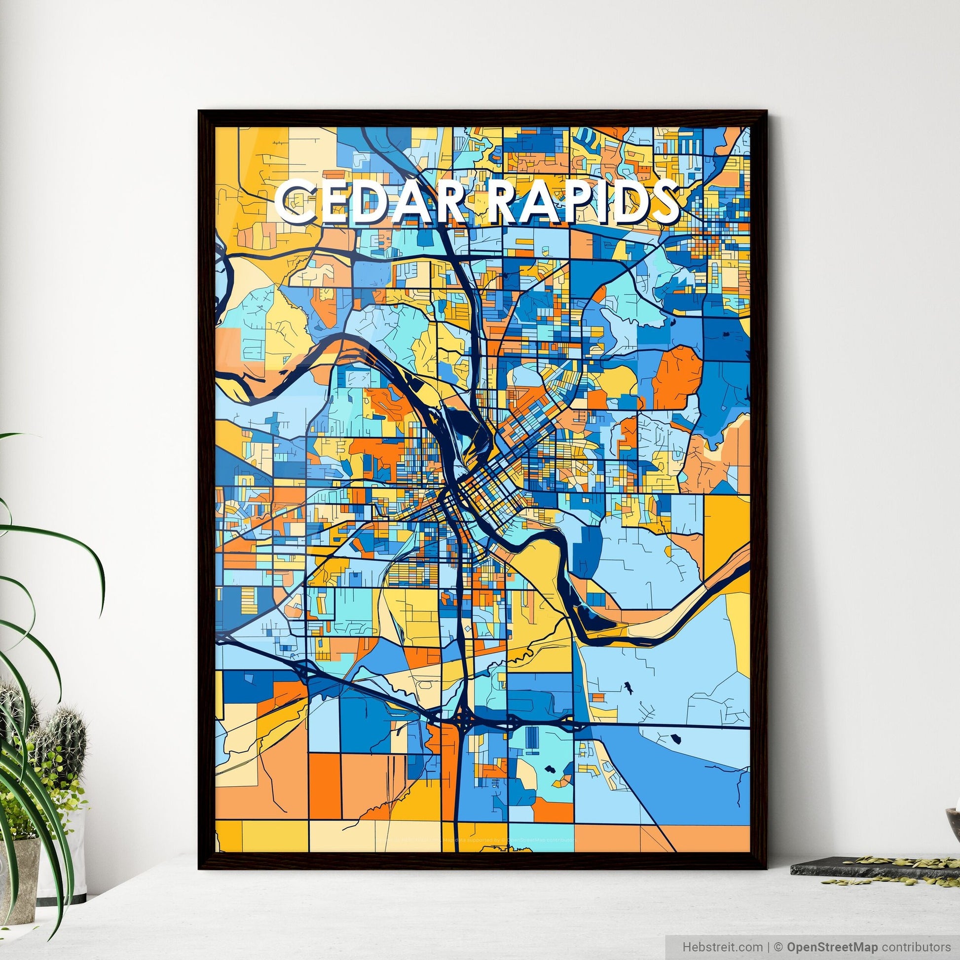 CEDAR RAPIDS IOWA Vibrant Colorful Art Map Poster Blue Orange