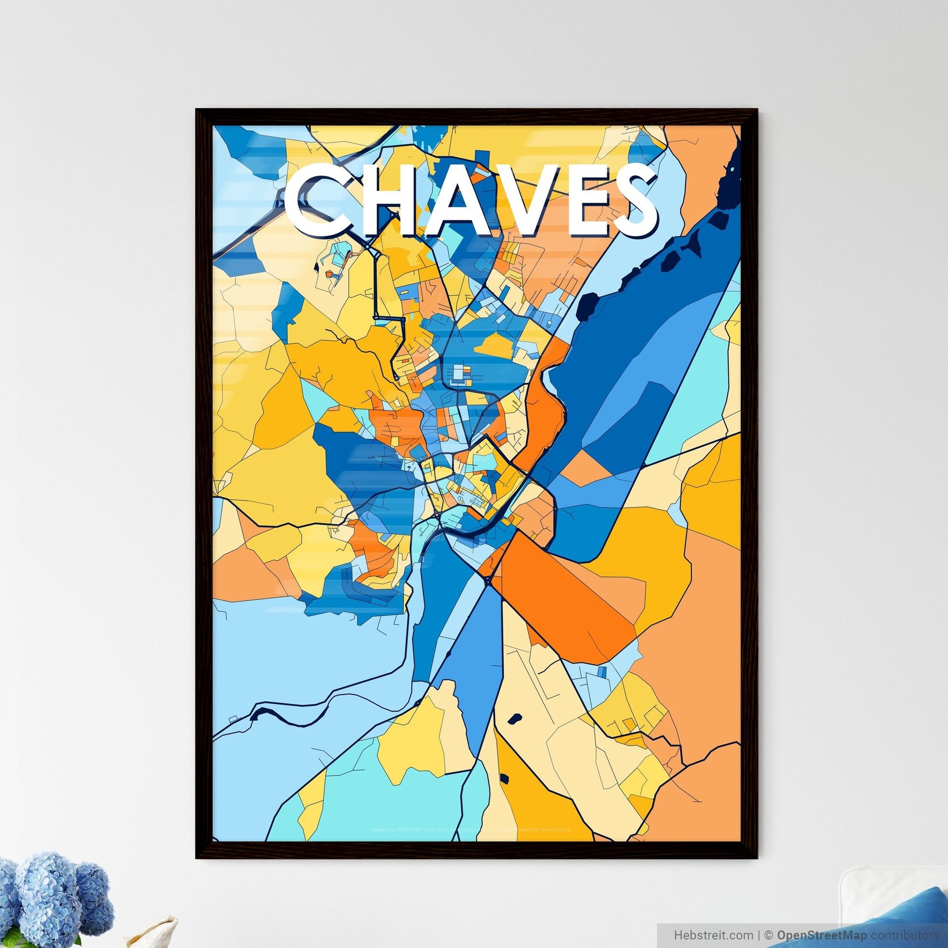 CHAVES PORTUGAL Vibrant Colorful Art Map Poster Blue Orange