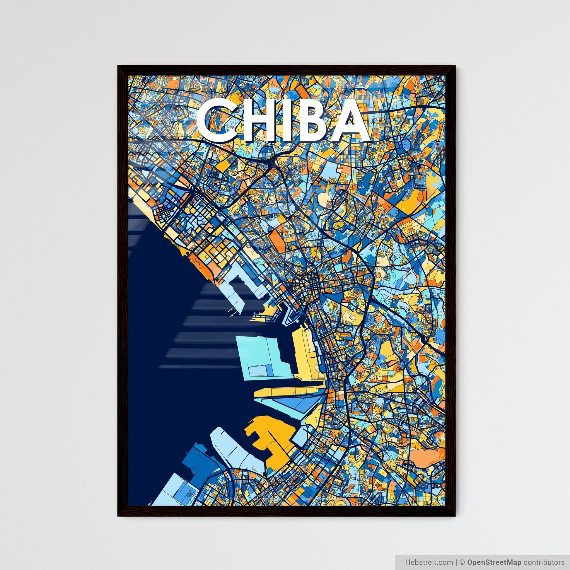 CHIBA JAPAN Vibrant Colorful Art Map Poster Blue Orange