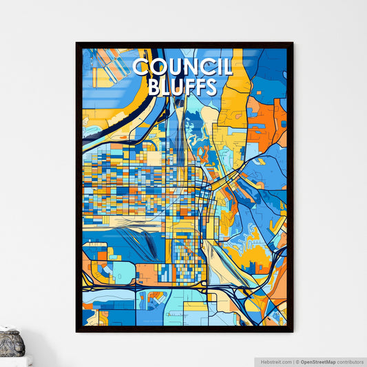 COUNCIL BLUFFS IOWA Vibrant Colorful Art Map Poster Blue Orange
