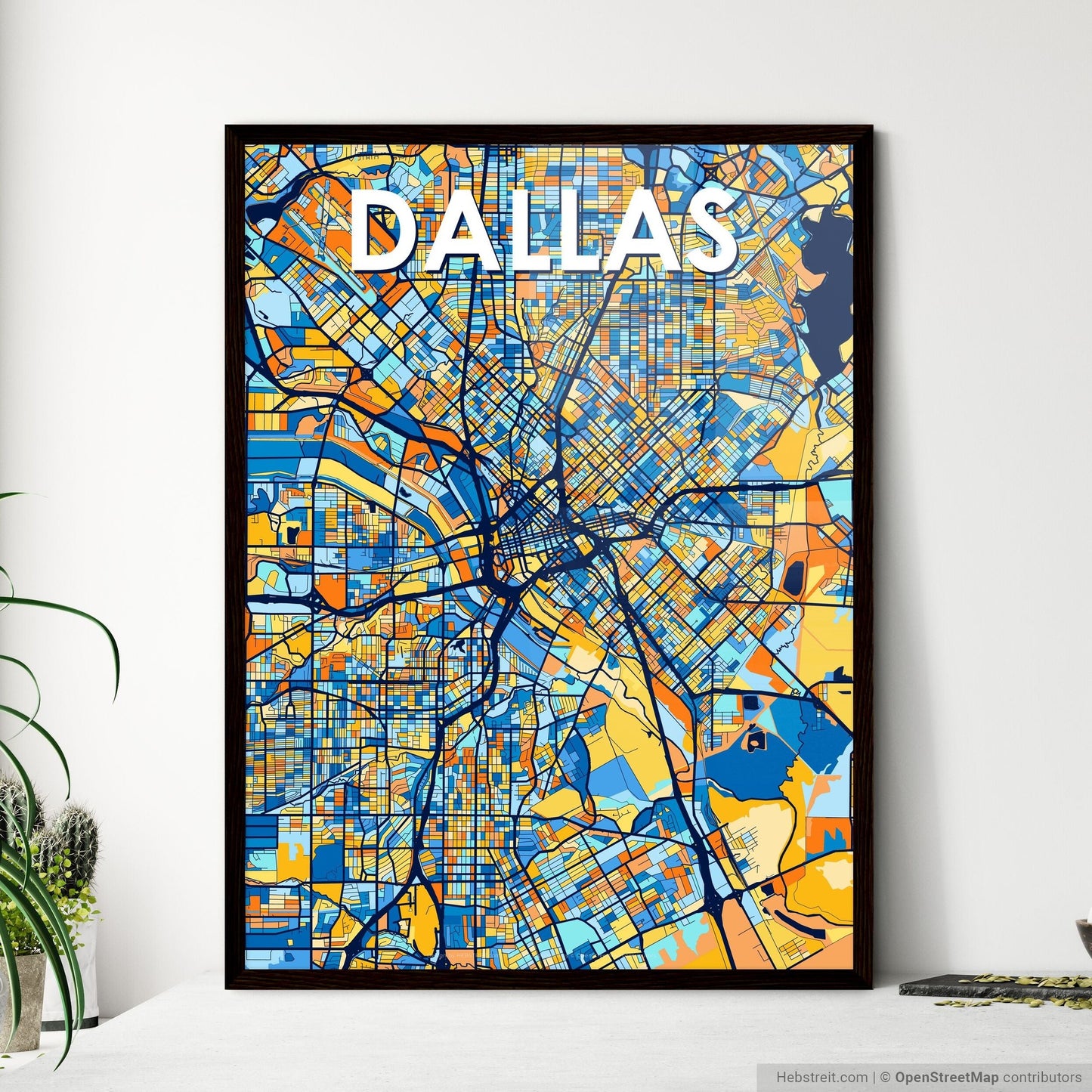 DALLAS TEXAS Vibrant Colorful Art Map Poster Blue Orange