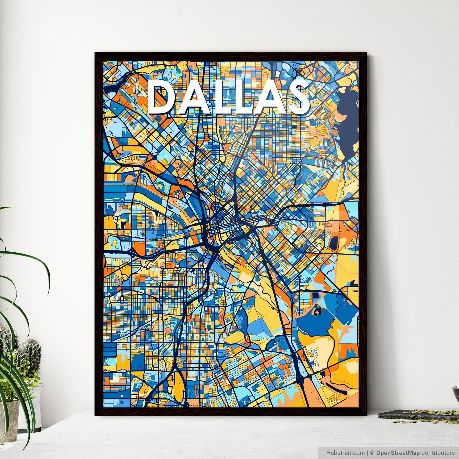 DALLAS TEXAS Vibrant Colorful Art Map Poster Blue Orange