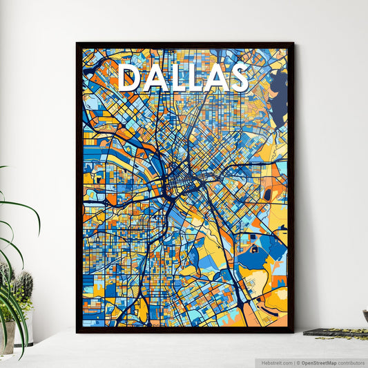 DALLAS TEXAS Vibrant Colorful Art Map Poster Blue Orange
