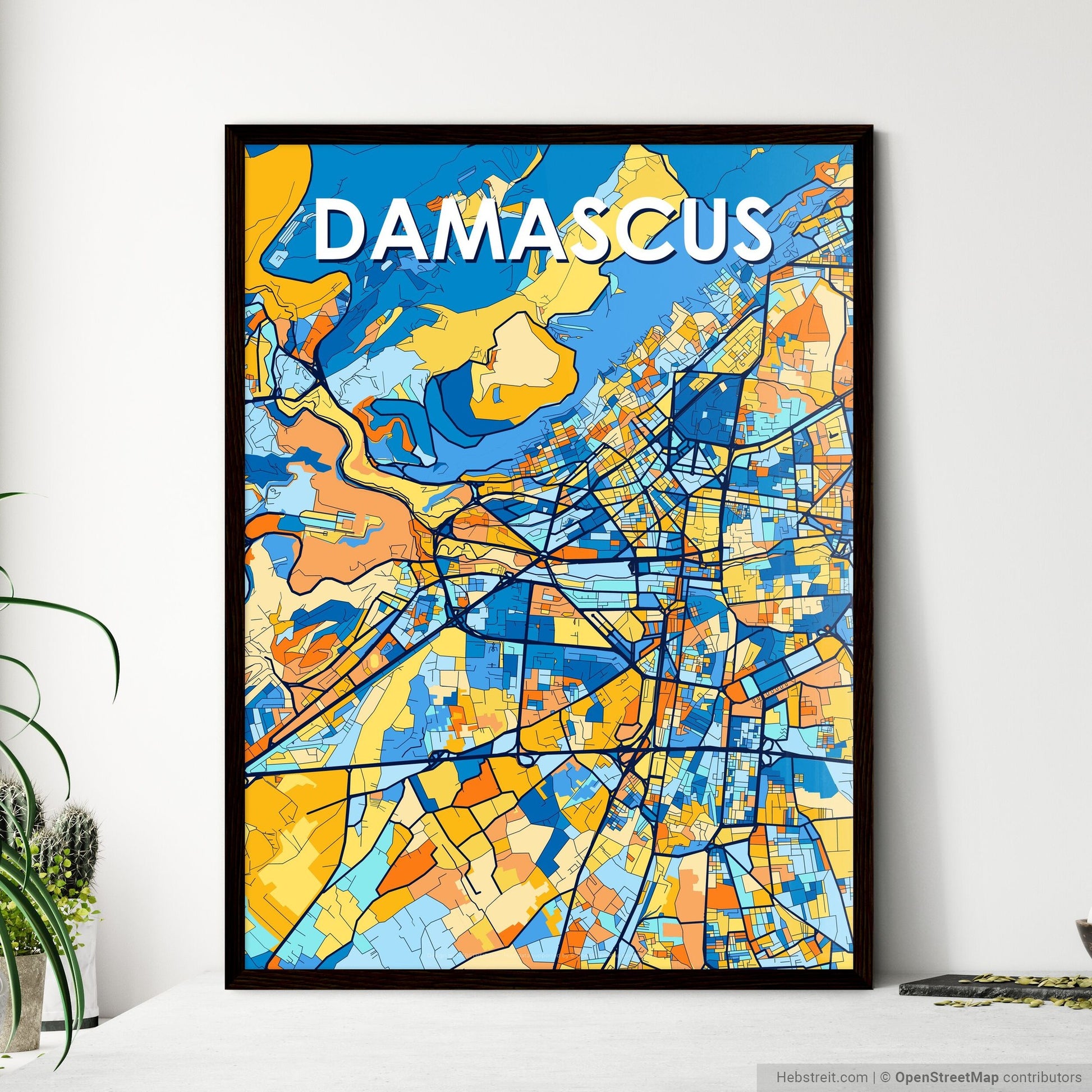DAMASCUS SYRIA Vibrant Colorful Art Map Poster Blue Orange