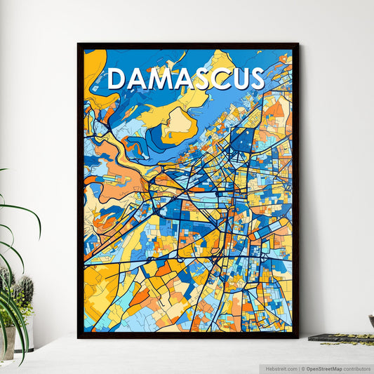 DAMASCUS SYRIA Vibrant Colorful Art Map Poster Blue Orange