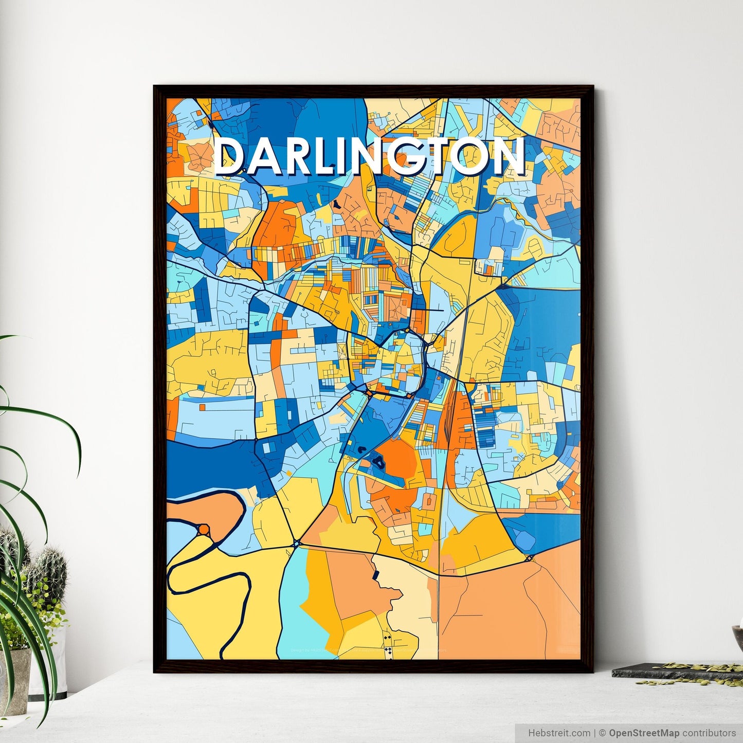 DARLINGTON ENGLAND Vibrant Colorful Art Map Poster Blue Orange