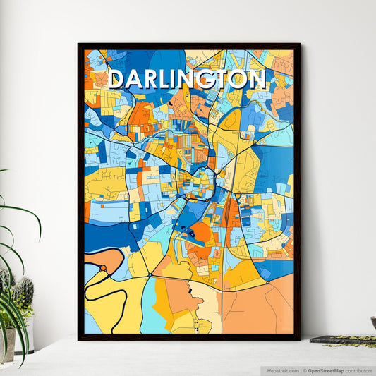 DARLINGTON ENGLAND Vibrant Colorful Art Map Poster Blue Orange