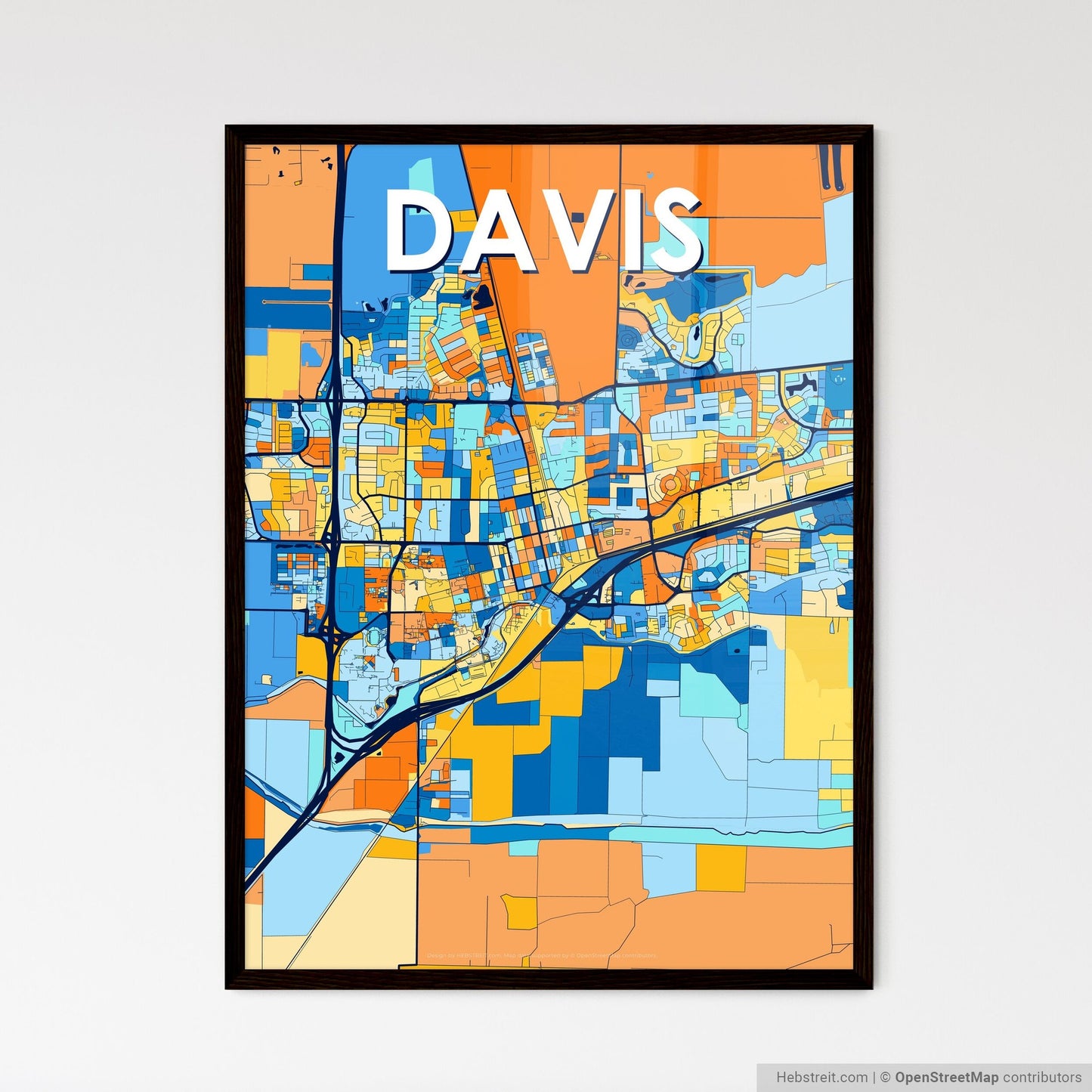 DAVIS CALIFORNIA Vibrant Colorful Art Map Poster Blue Orange