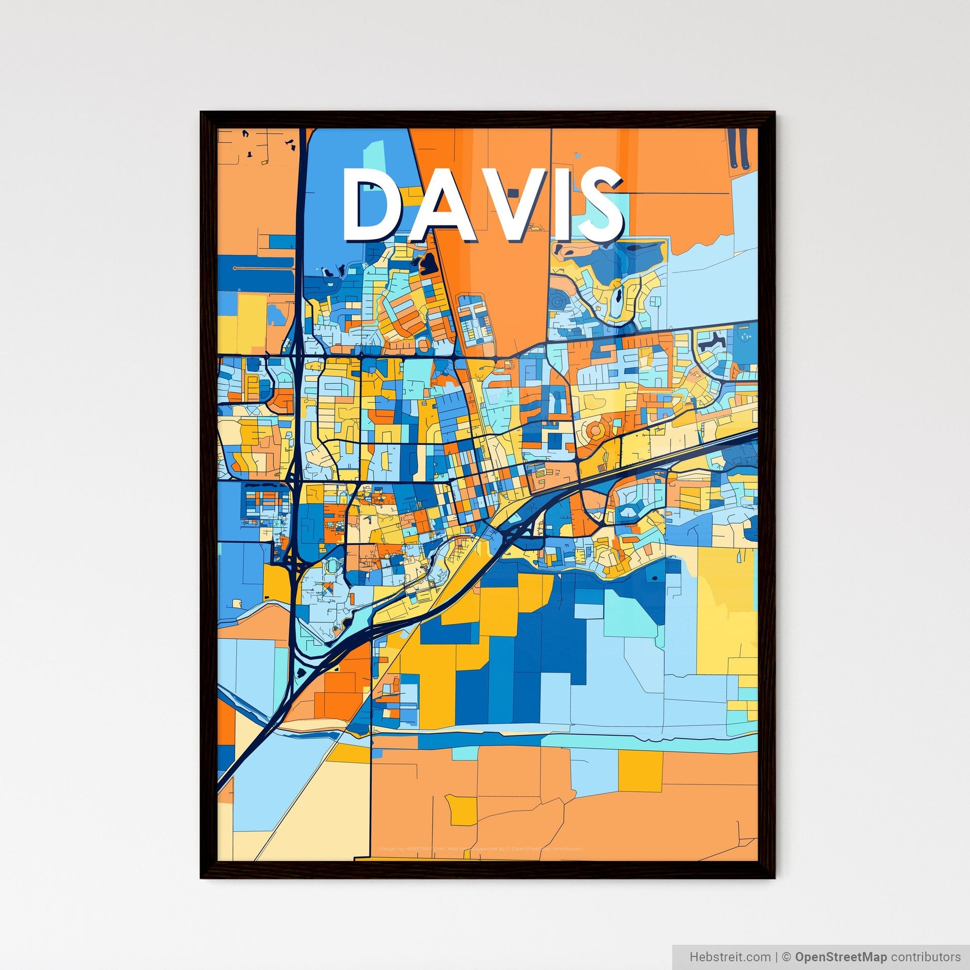 DAVIS CALIFORNIA Vibrant Colorful Art Map Poster Blue Orange