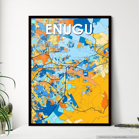 ENUGU NIGERIA Vibrant Colorful Art Map Poster Blue Orange