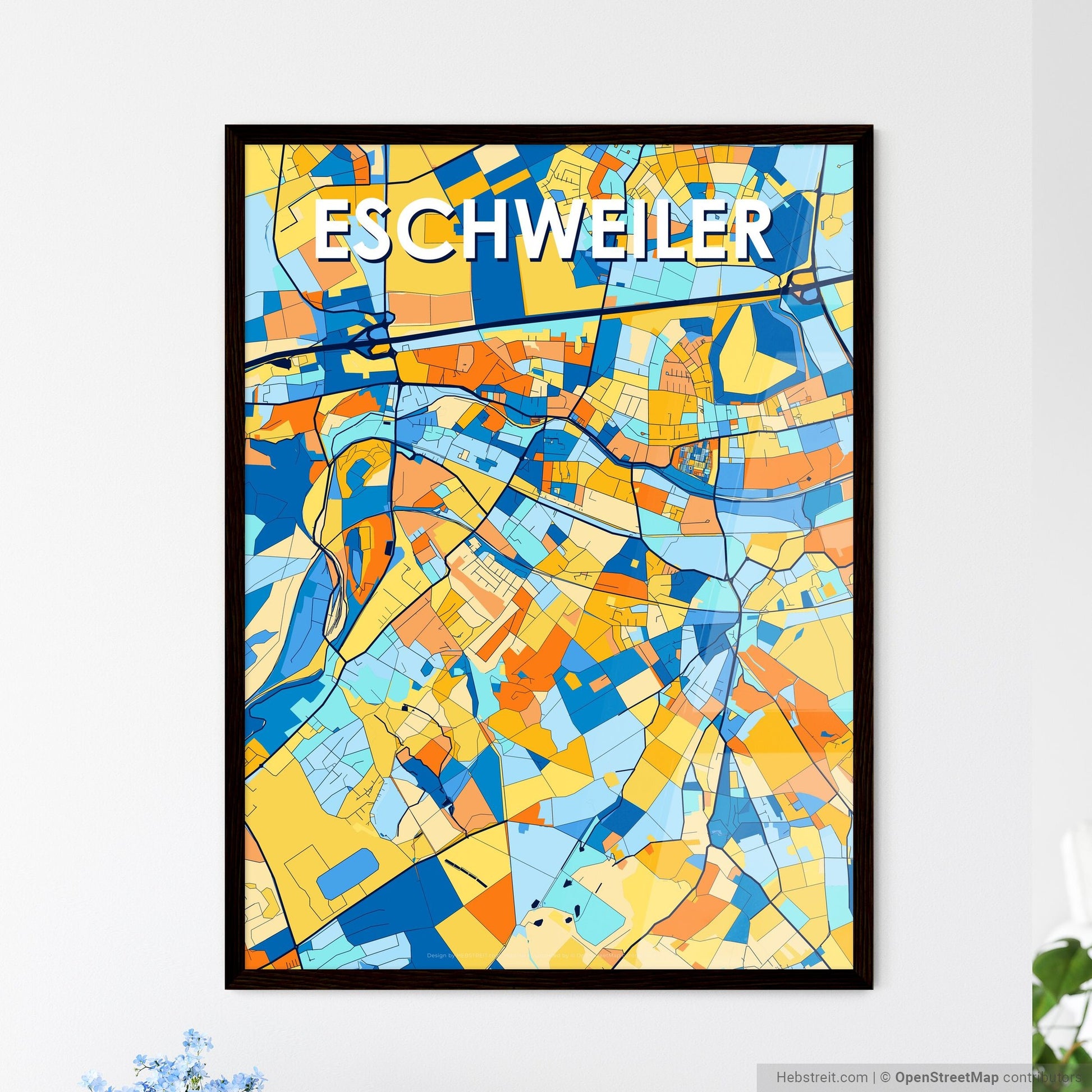 ESCHWEILER GERMANY Vibrant Colorful Art Map Poster Blue Orange