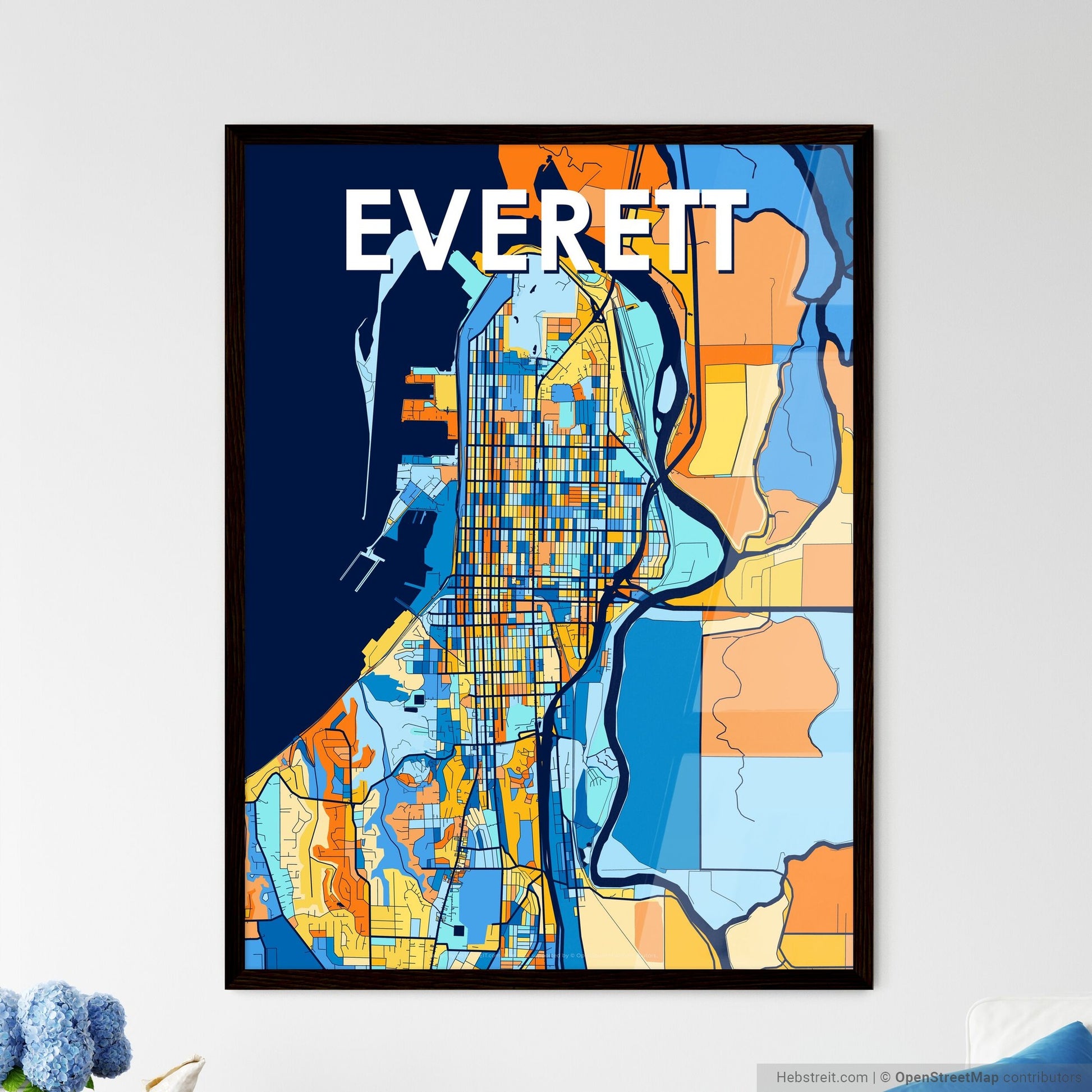 EVERETT WASHINGTON Vibrant Colorful Art Map Poster Blue Orange