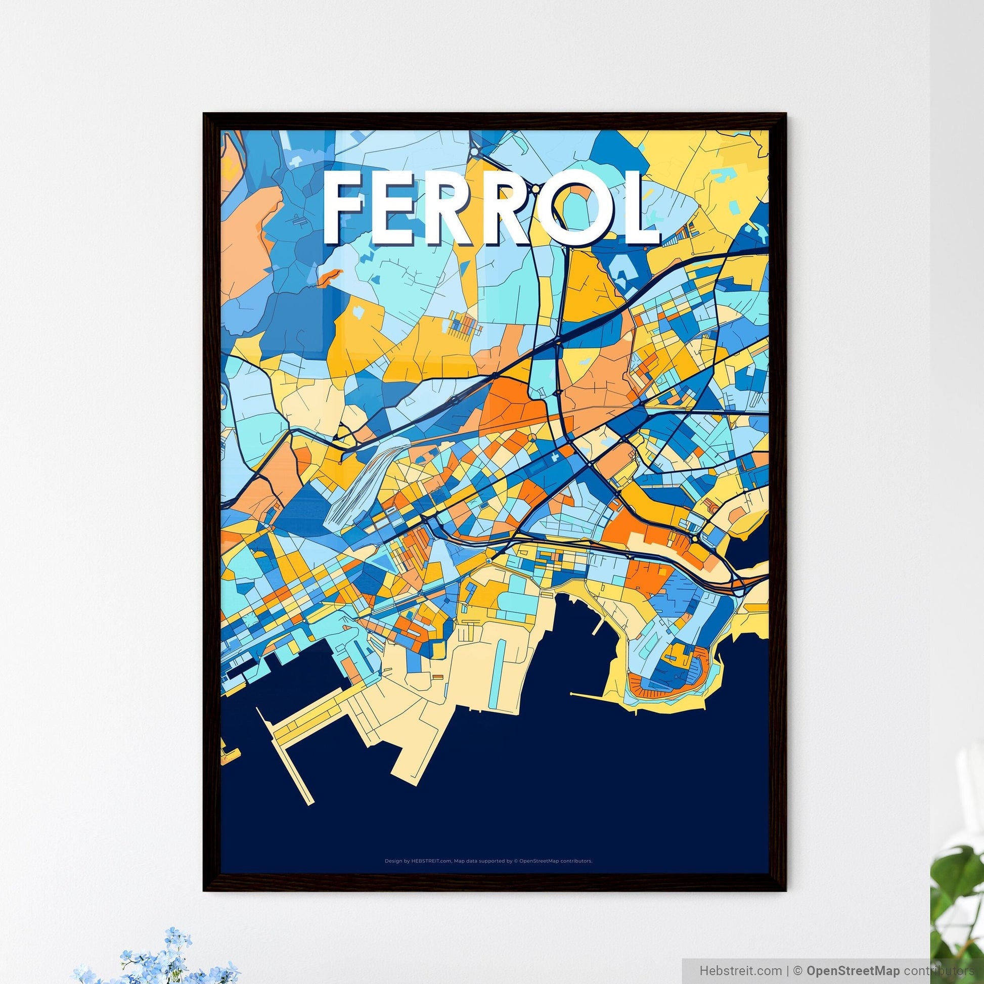 FERROL SPAIN Vibrant Colorful Art Map Poster Blue Orange