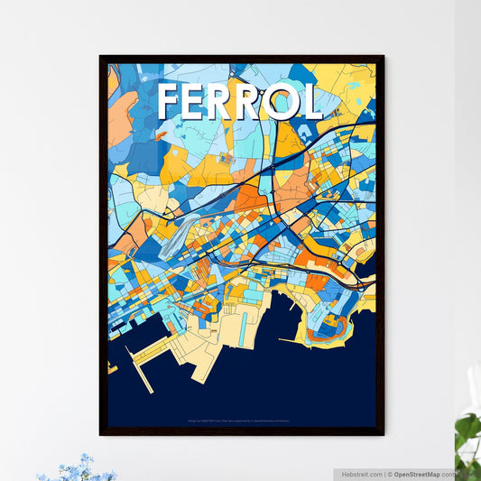 FERROL SPAIN Vibrant Colorful Art Map Poster Blue Orange