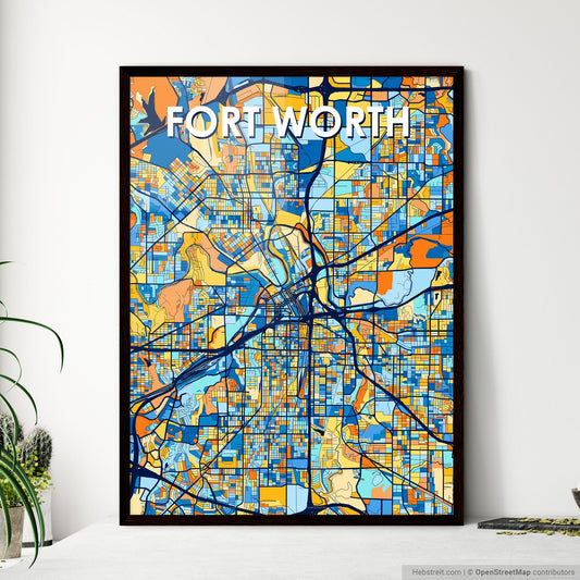 FORT WORTH TEXAS Vibrant Colorful Art Map Poster Blue Orange