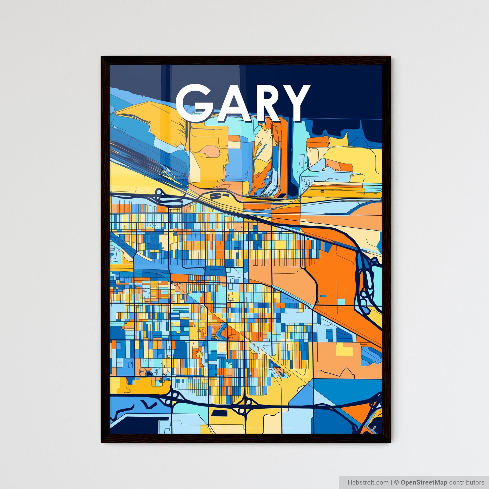 GARY INDIANA Vibrant Colorful Art Map Poster Blue Orange