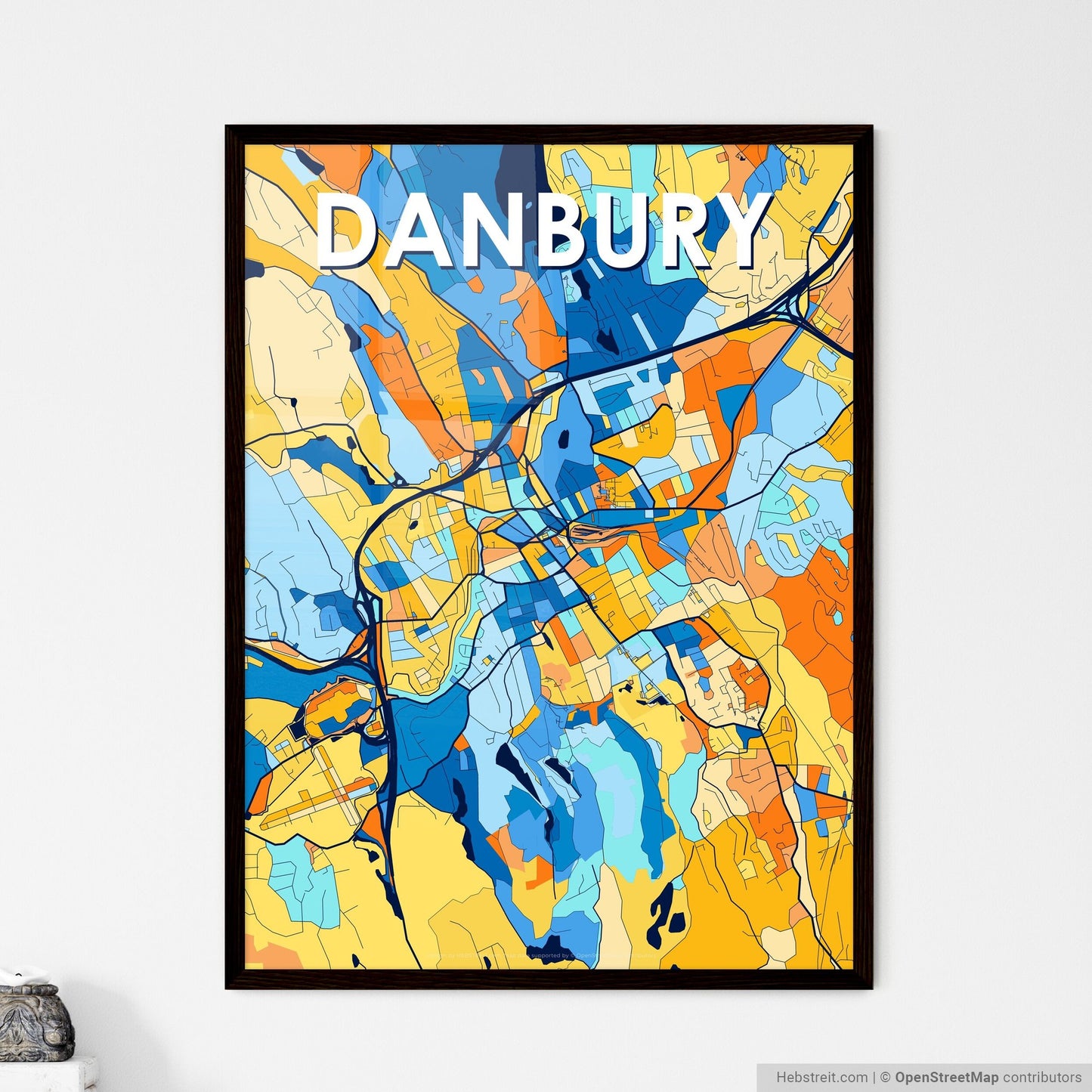 DANBURY CONNECTICUT Vibrant Colorful Art Map Poster Blue Orange