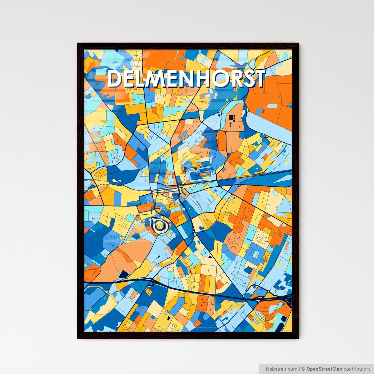 DELMENHORST GERMANY Vibrant Colorful Art Map Poster Blue Orange
