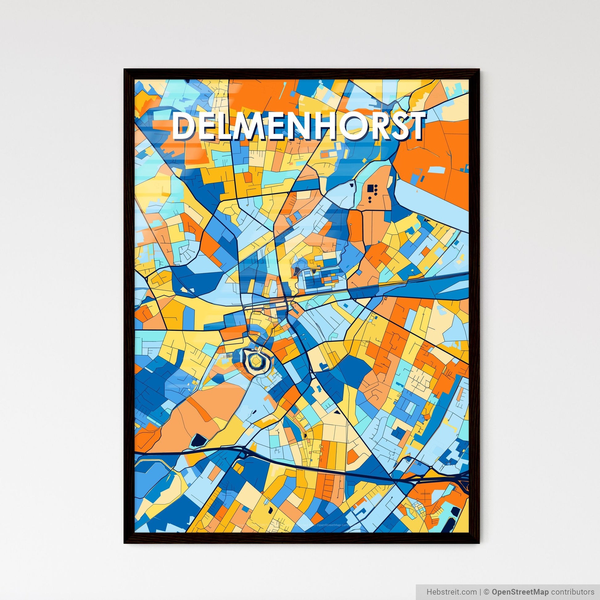DELMENHORST GERMANY Vibrant Colorful Art Map Poster Blue Orange