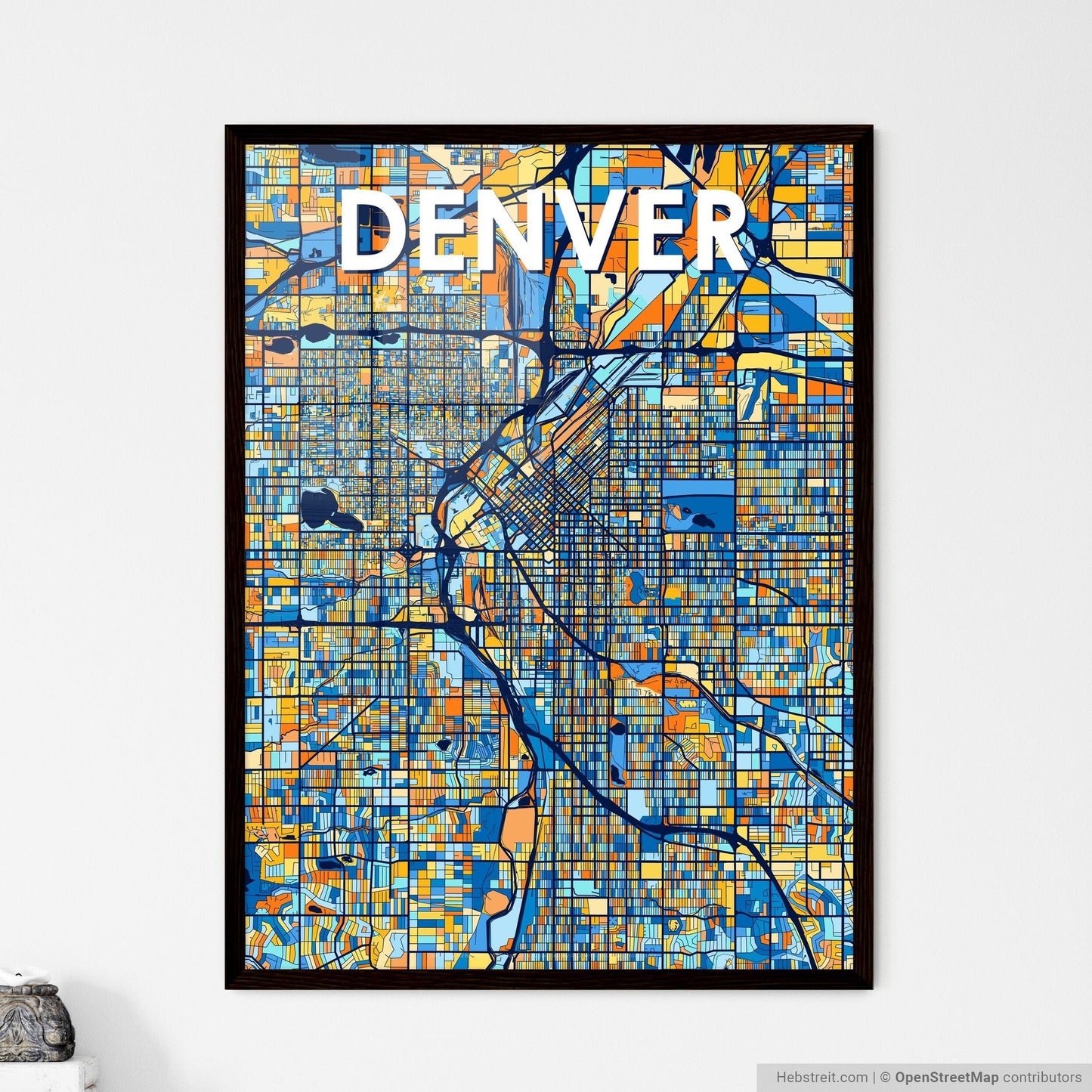 DENVER COLORADO Vibrant Colorful Art Map Poster Blue Orange