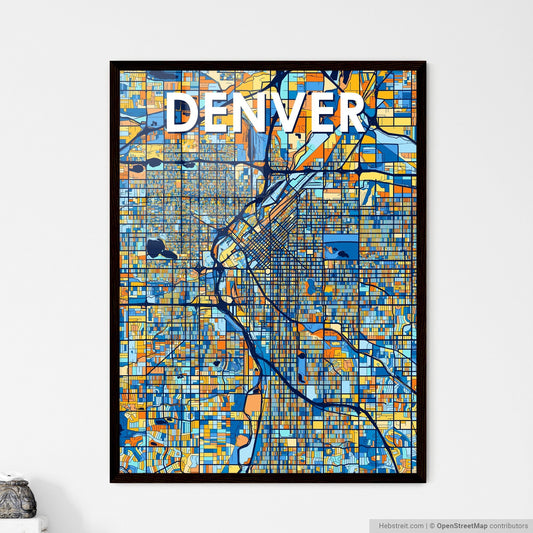 DENVER COLORADO Vibrant Colorful Art Map Poster Blue Orange