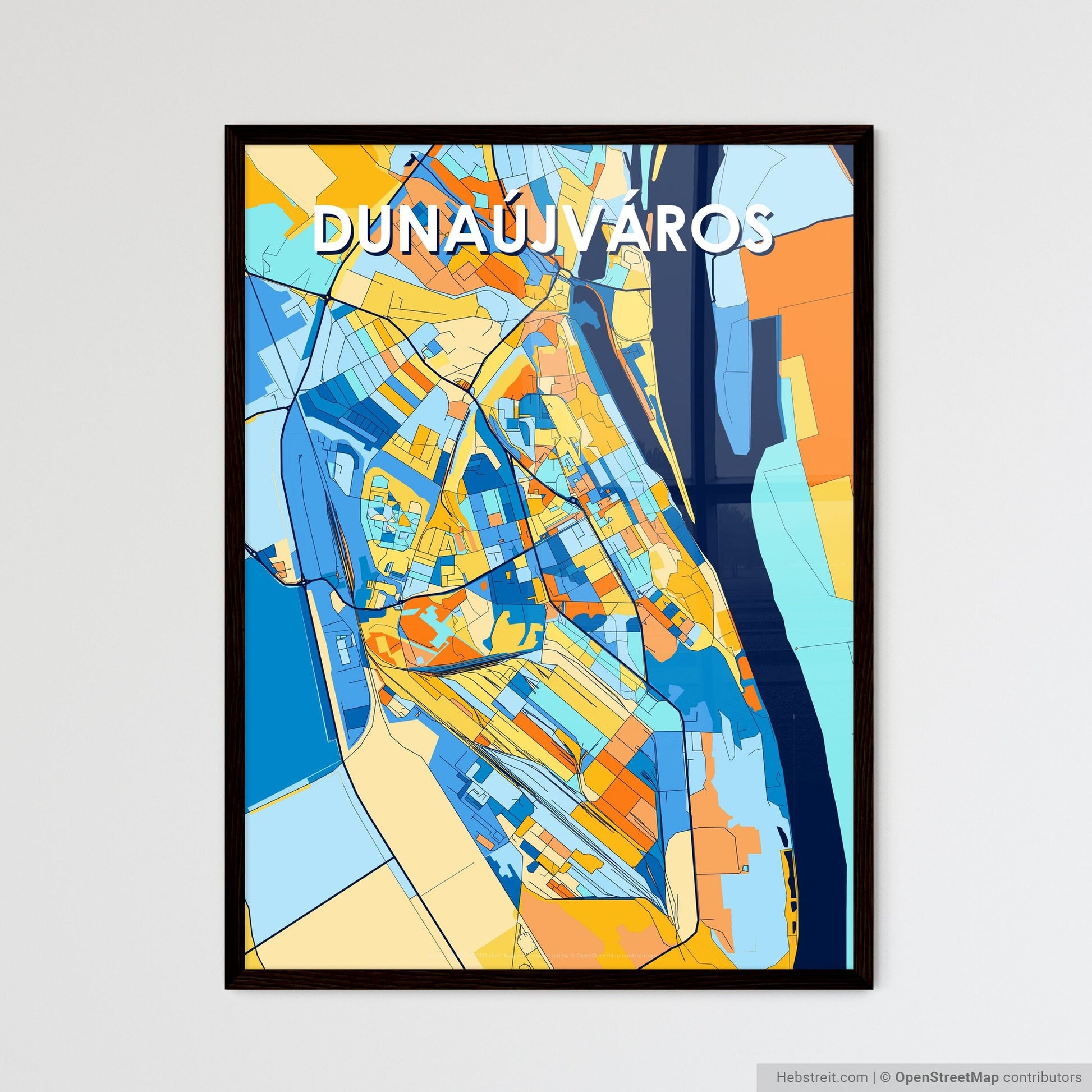 DUNAÚJVÁROS HUNGARY Vibrant Colorful Art Map Poster Blue Orange