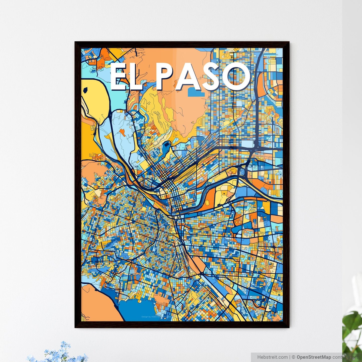 EL PASO TEXAS Vibrant Colorful Art Map Poster Blue Orange