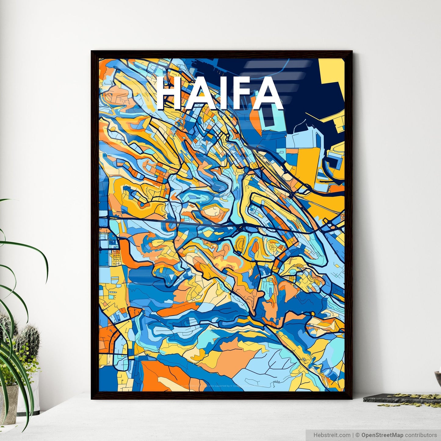 HAIFA ISRAEL Vibrant Colorful Art Map Poster Blue Orange