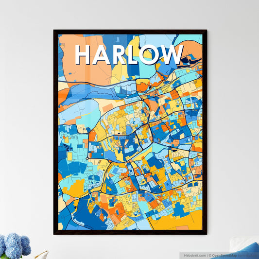 HARLOW ENGLAND Vibrant Colorful Art Map Poster Blue Orange