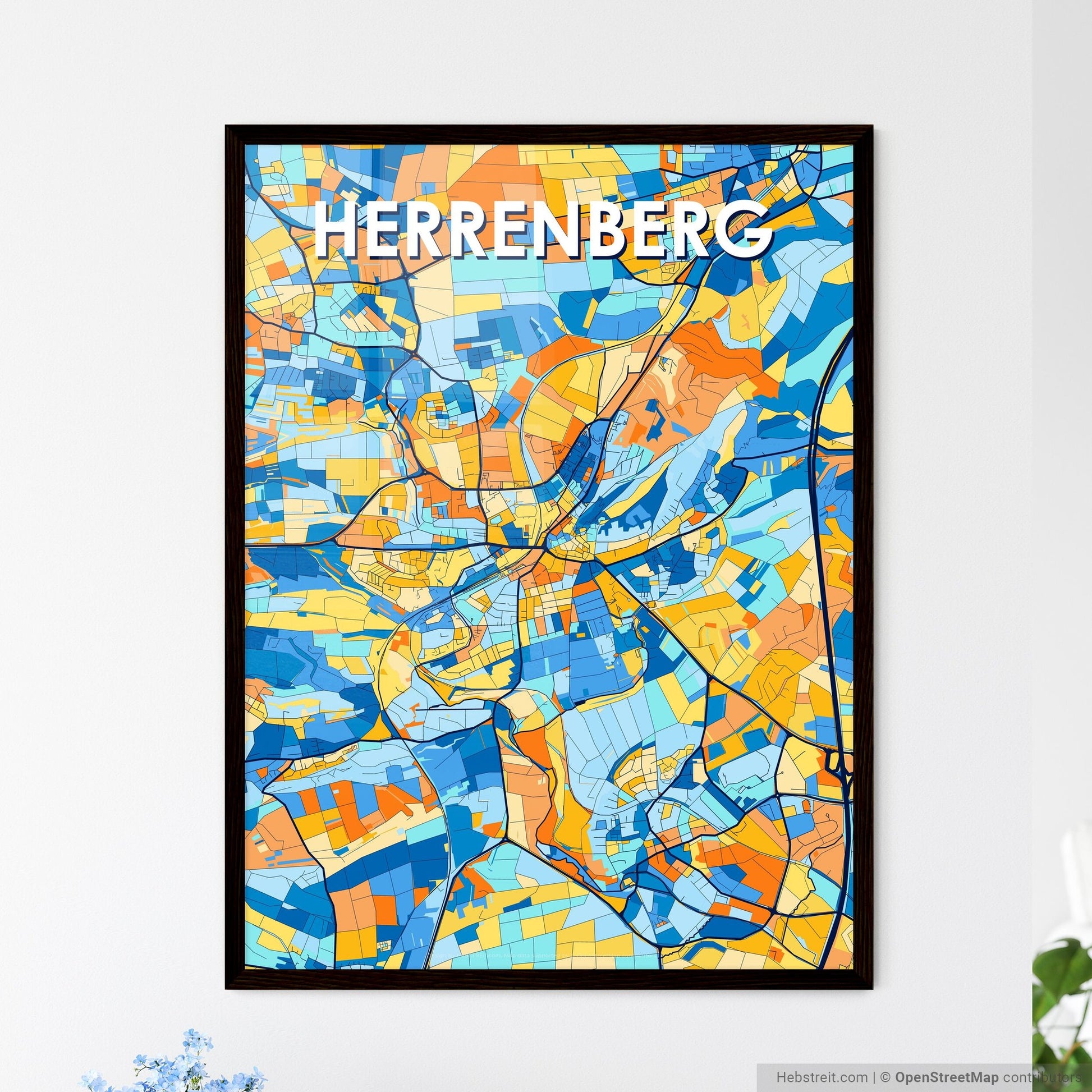 HERRENBERG GERMANY Vibrant Colorful Art Map Poster Blue Orange