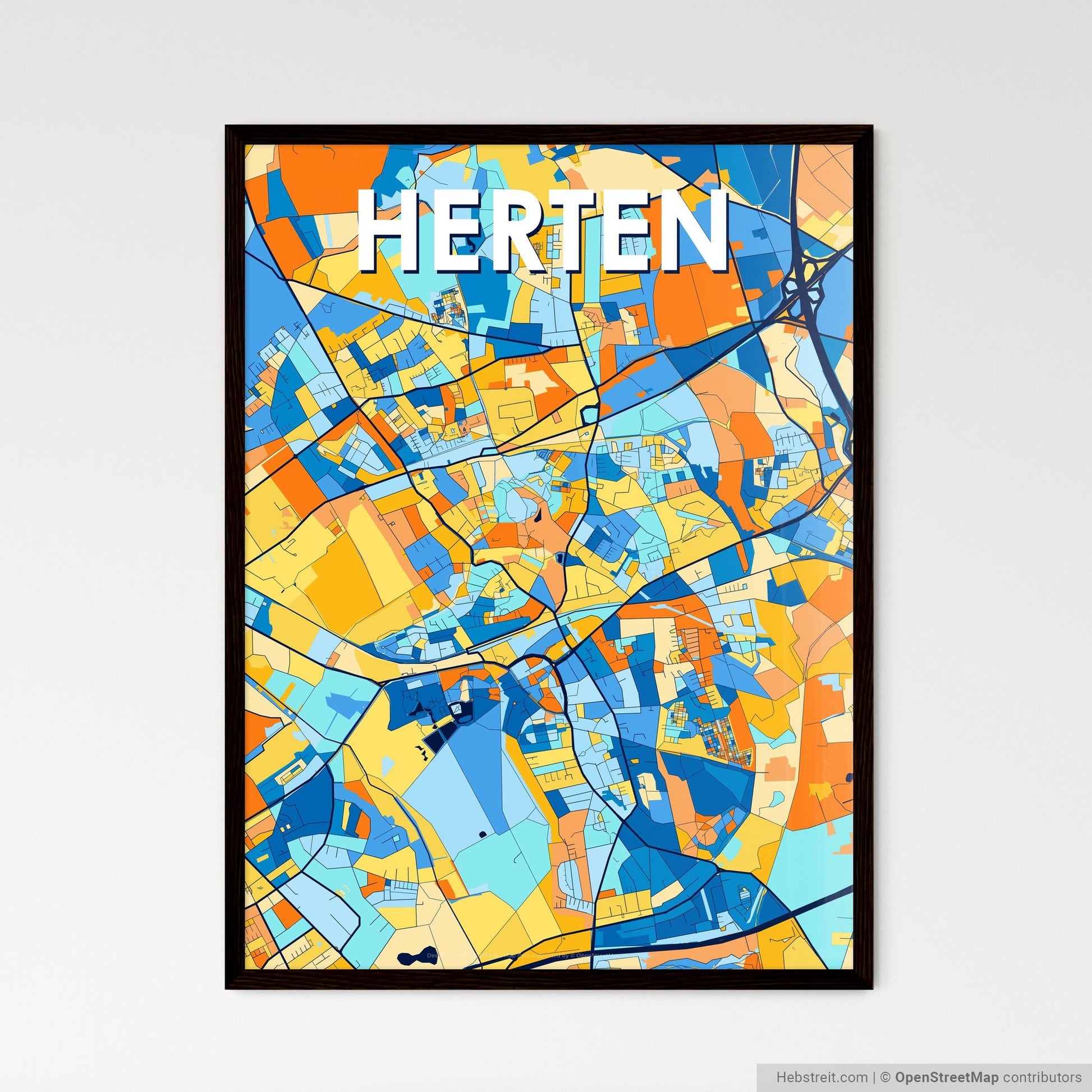 HERTEN GERMANY Vibrant Colorful Art Map Poster Blue Orange