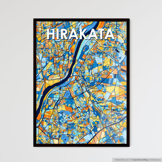 HIRAKATA JAPAN Vibrant Colorful Art Map Poster Blue Orange