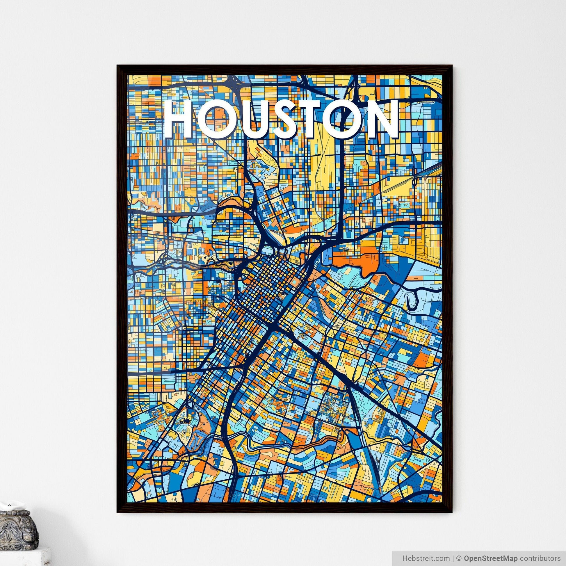 HOUSTON TEXAS Vibrant Colorful Art Map Poster Blue Orange