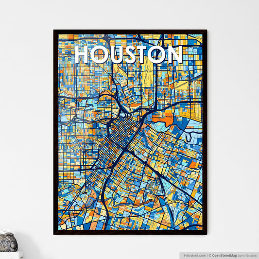 HOUSTON TEXAS Vibrant Colorful Art Map Poster Blue Orange