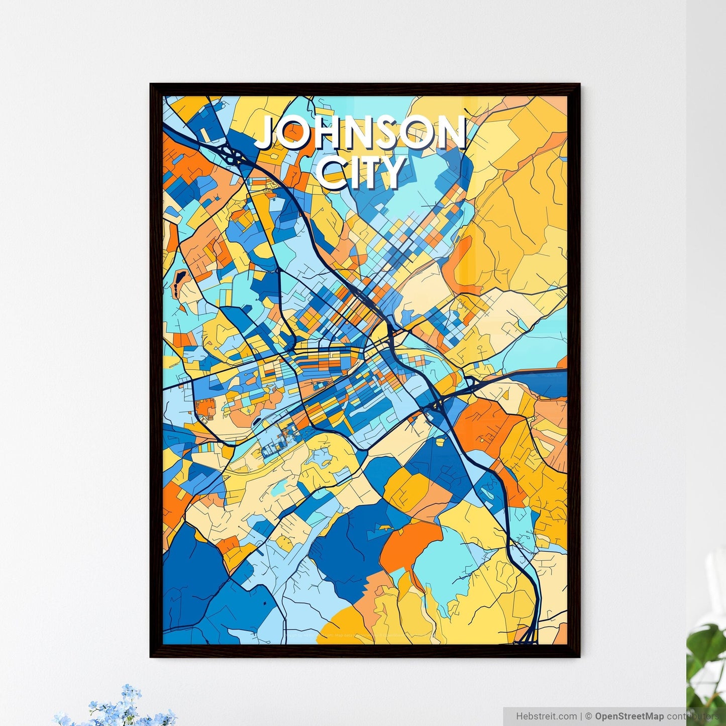 JOHNSON CITY TENNESSEE Vibrant Colorful Art Map Poster Blue Orange