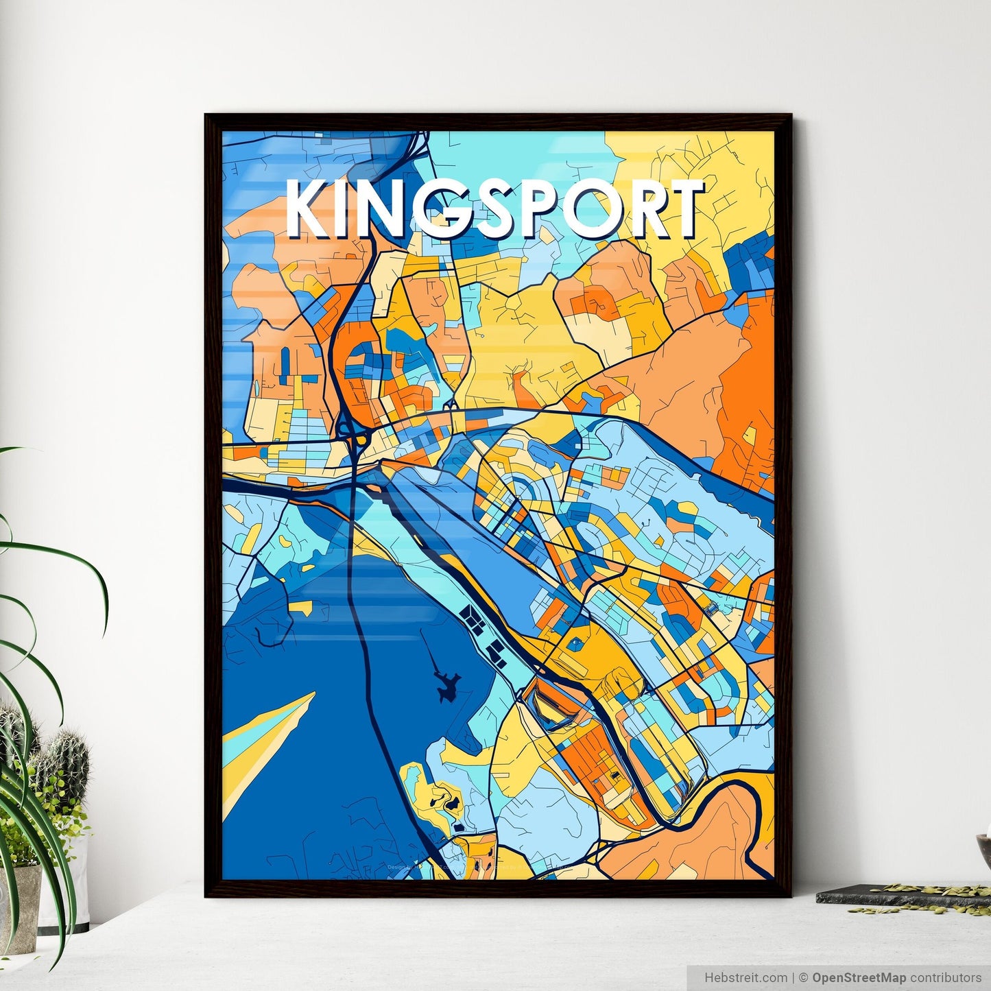 KINGSPORT TENNESSEE Vibrant Colorful Art Map Poster Blue Orange