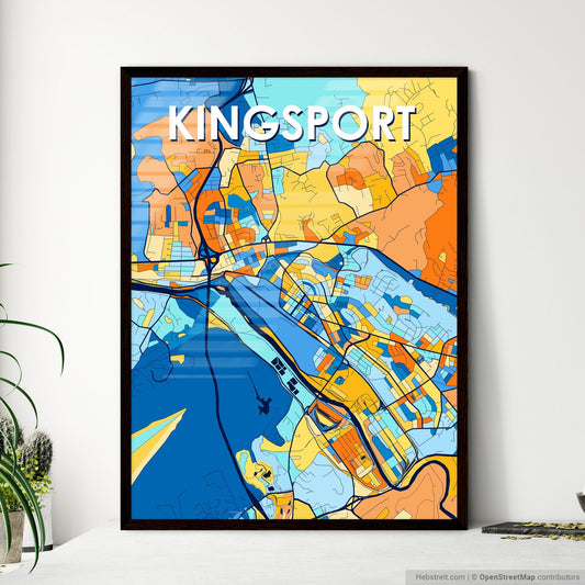KINGSPORT TENNESSEE Vibrant Colorful Art Map Poster Blue Orange
