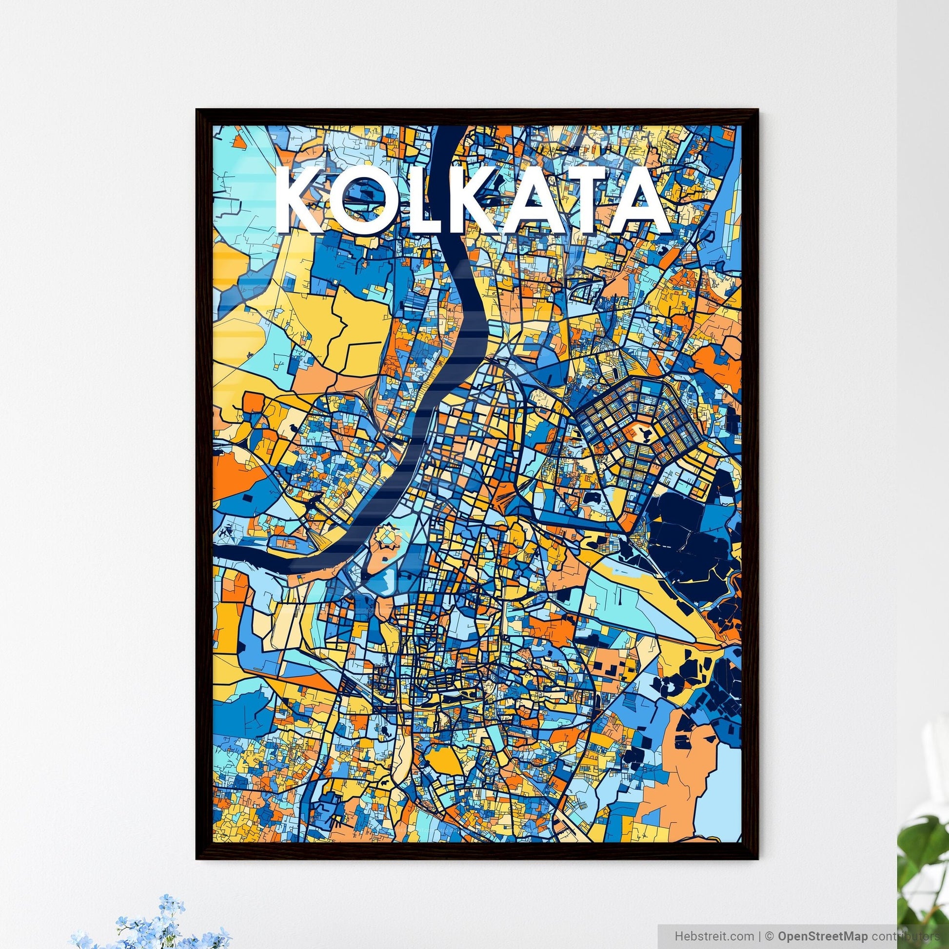 KOLKATA INDIA Vibrant Colorful Art Map Poster Blue Orange
