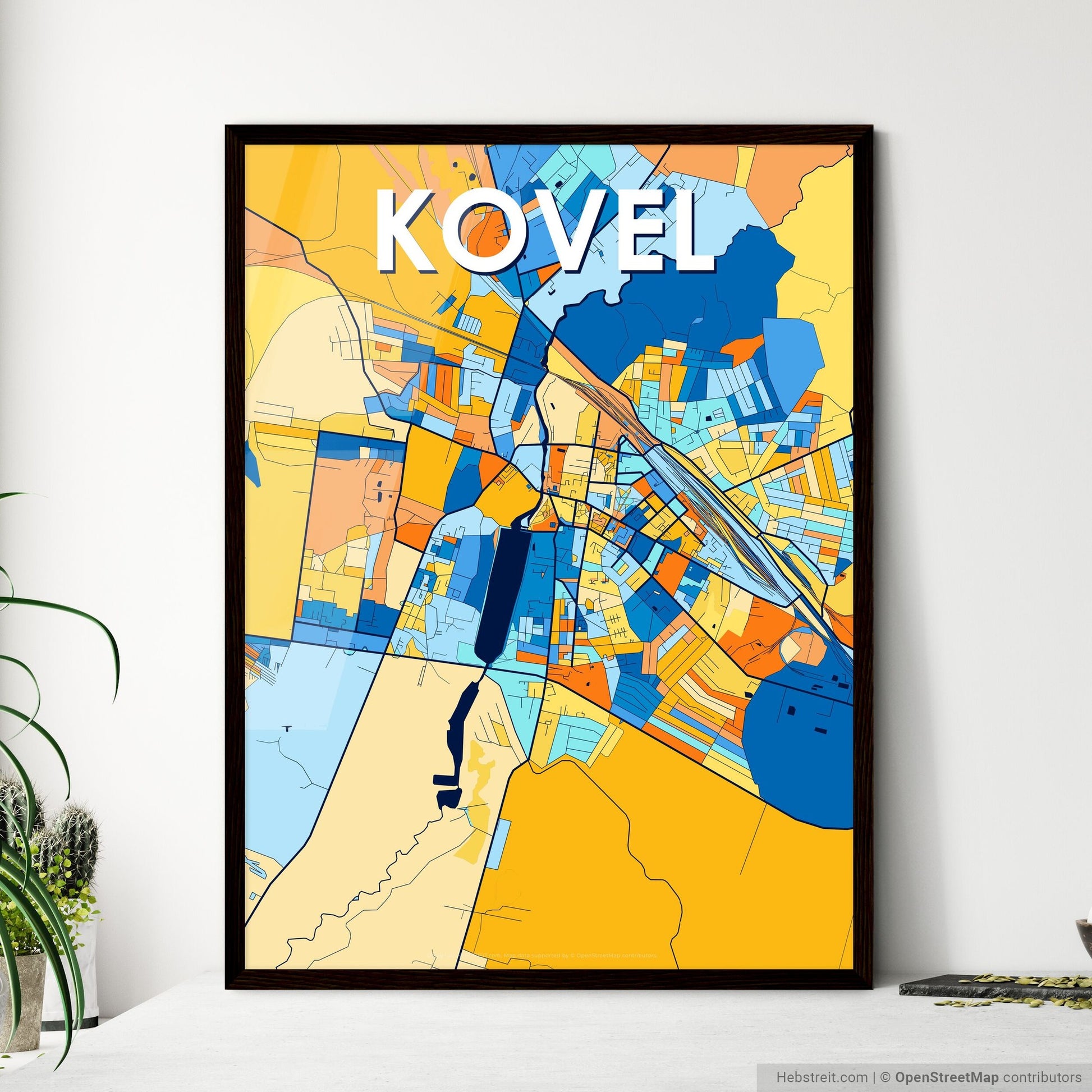 KOVEL UKRAINE Vibrant Colorful Art Map Poster Blue Orange