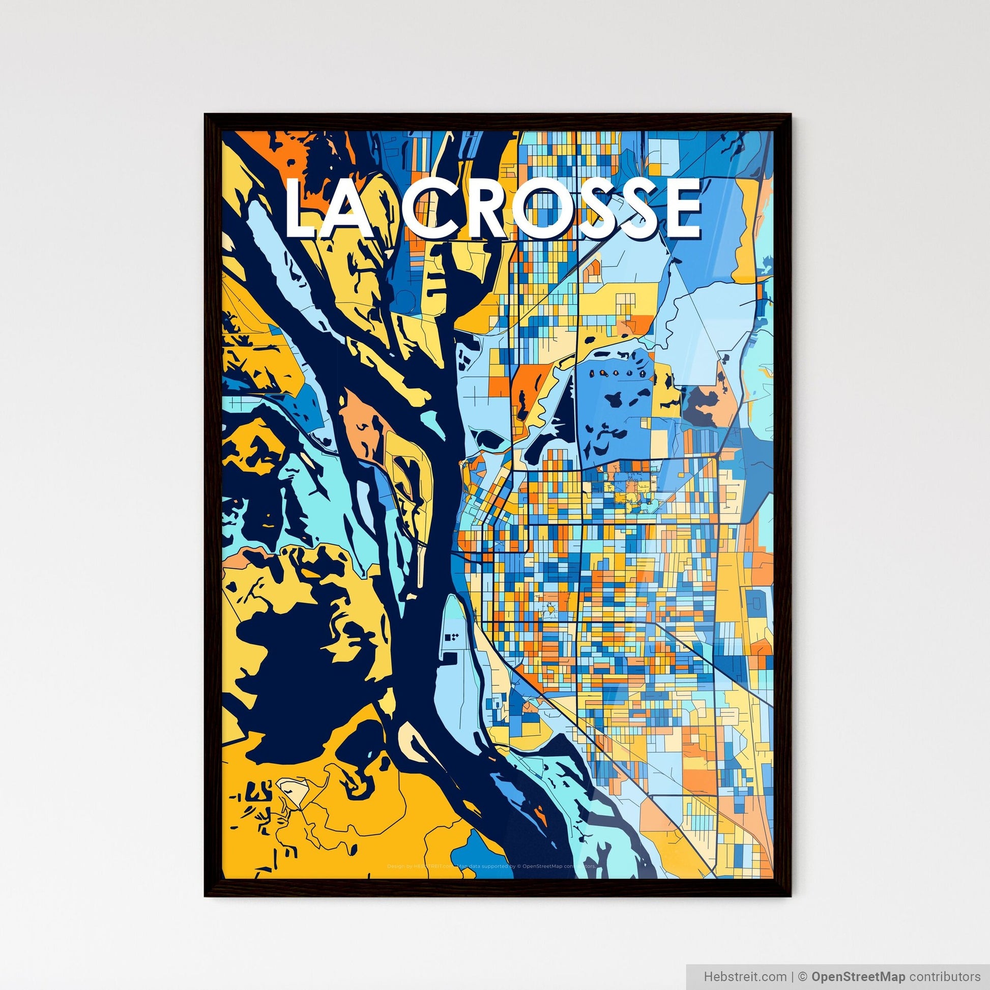 LA CROSSE WISCONSIN Vibrant Colorful Art Map Poster Blue Orange