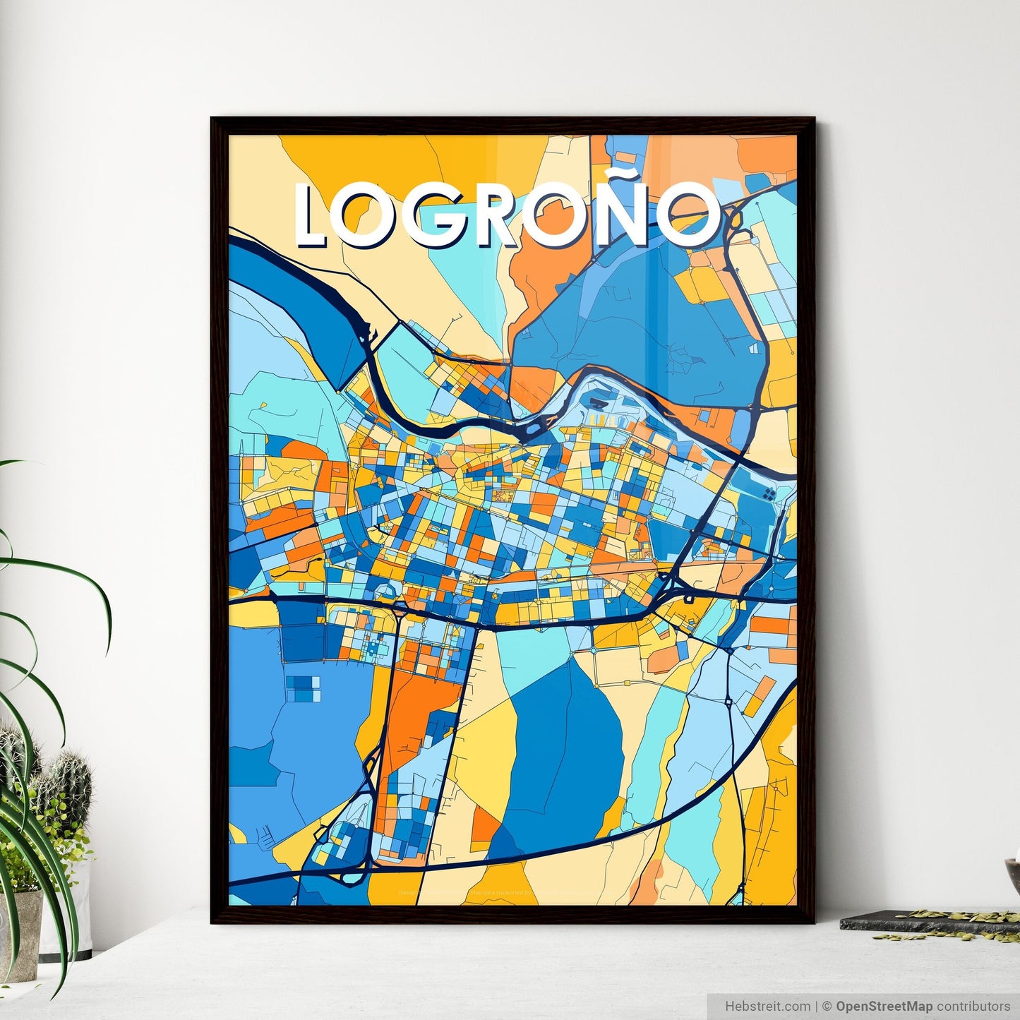 LOGROÑO SPAIN Vibrant Colorful Art Map Poster Blue Orange