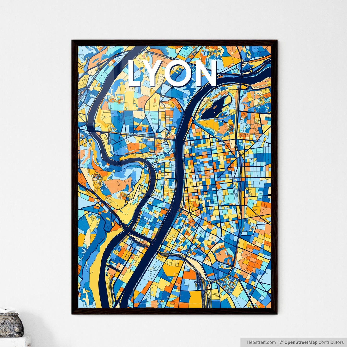 LYON FRANCE Vibrant Colorful Art Map Poster Blue Orange